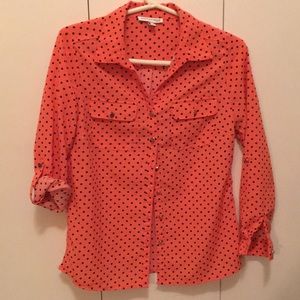 Petite small Orange polka dot button down shirt